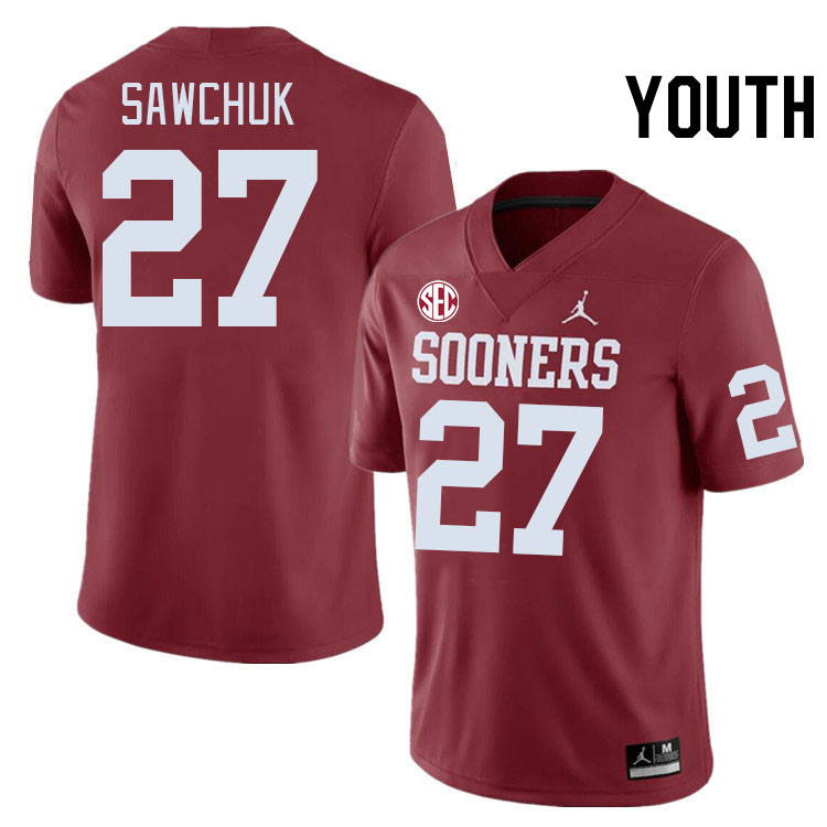 Youth #27 Gavin Sawchuk Oklahoma Sooners 2024 SEC Conference College Football Jerseys-Crimson